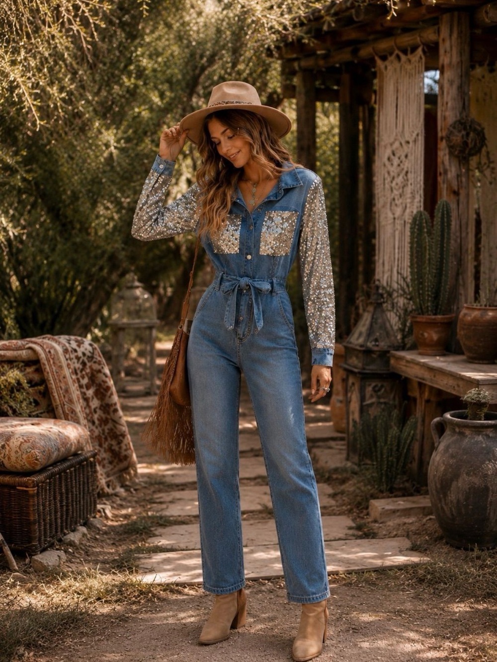 $120 Blue Velvet Denim Jumpsuit with sequins! Size Small! NWOT